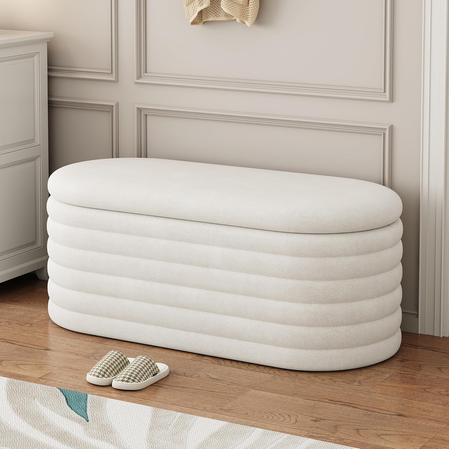 Storage Ottoman Bench 40 inch Upholstered Chenille Fabric Storage Bench for Bedroom End of Bed Stool Aesthetic Large Storag Ottoman for Living Room Entryway,Beige White
