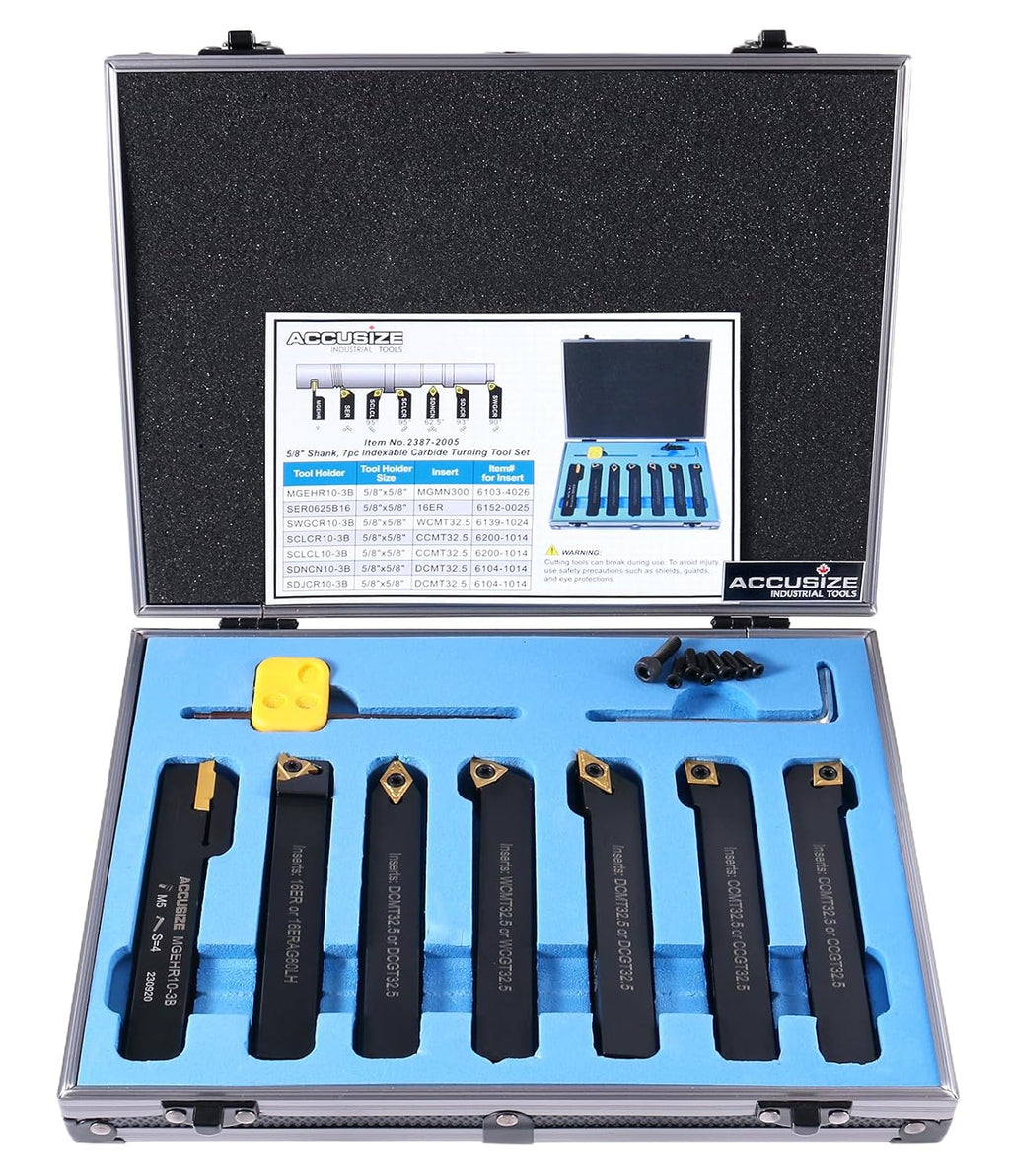 Accusize Industrial Tools 5/8'' Shank 7 Pc Indexable Carbide Turning Tool Set in Fitted Box, 2387-2005