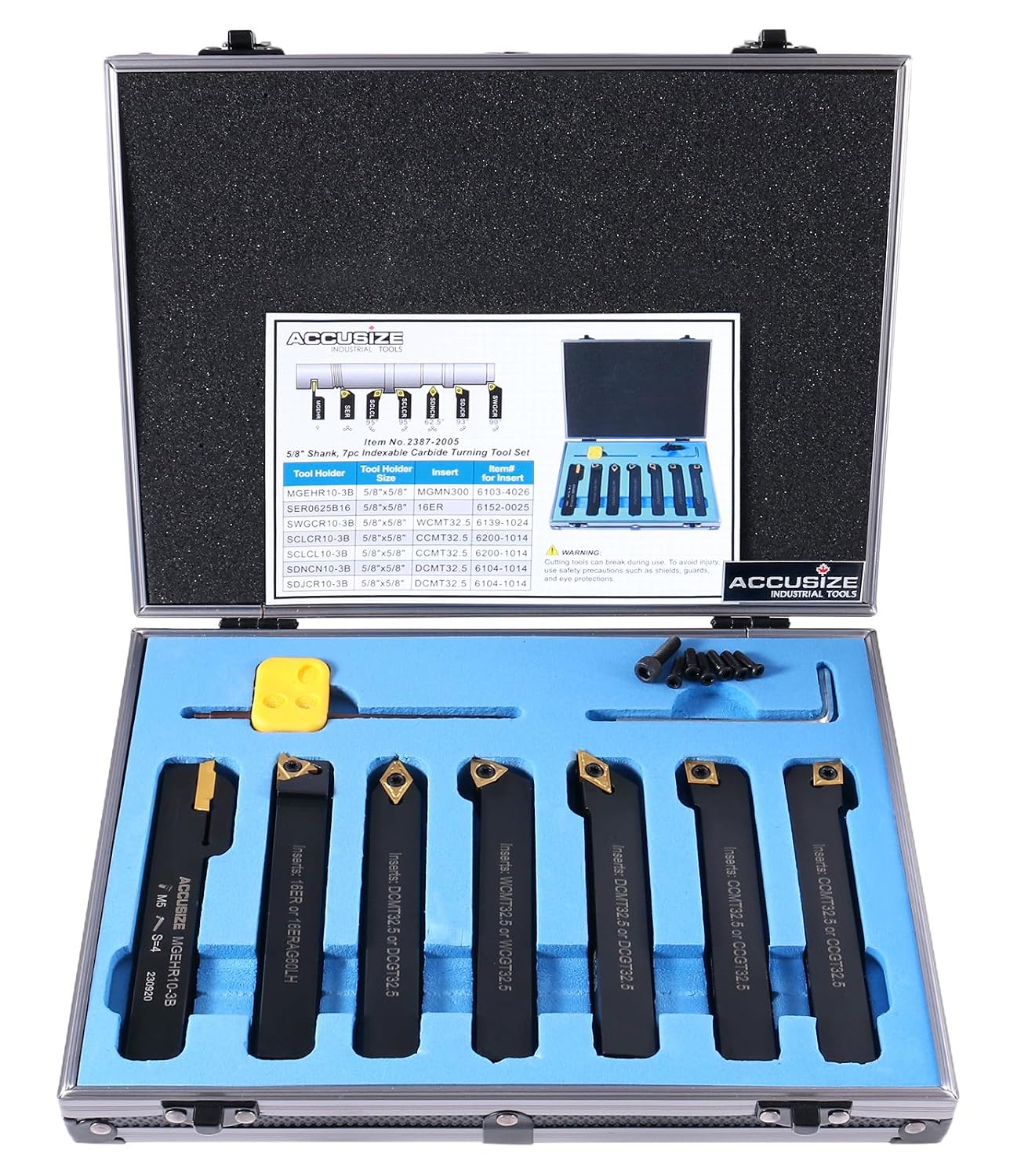 Accusize Industrial Tools 5/8'' Shank 7 Pc Indexable Carbide Turning Tool Set in Fitted Box, 2387-2005