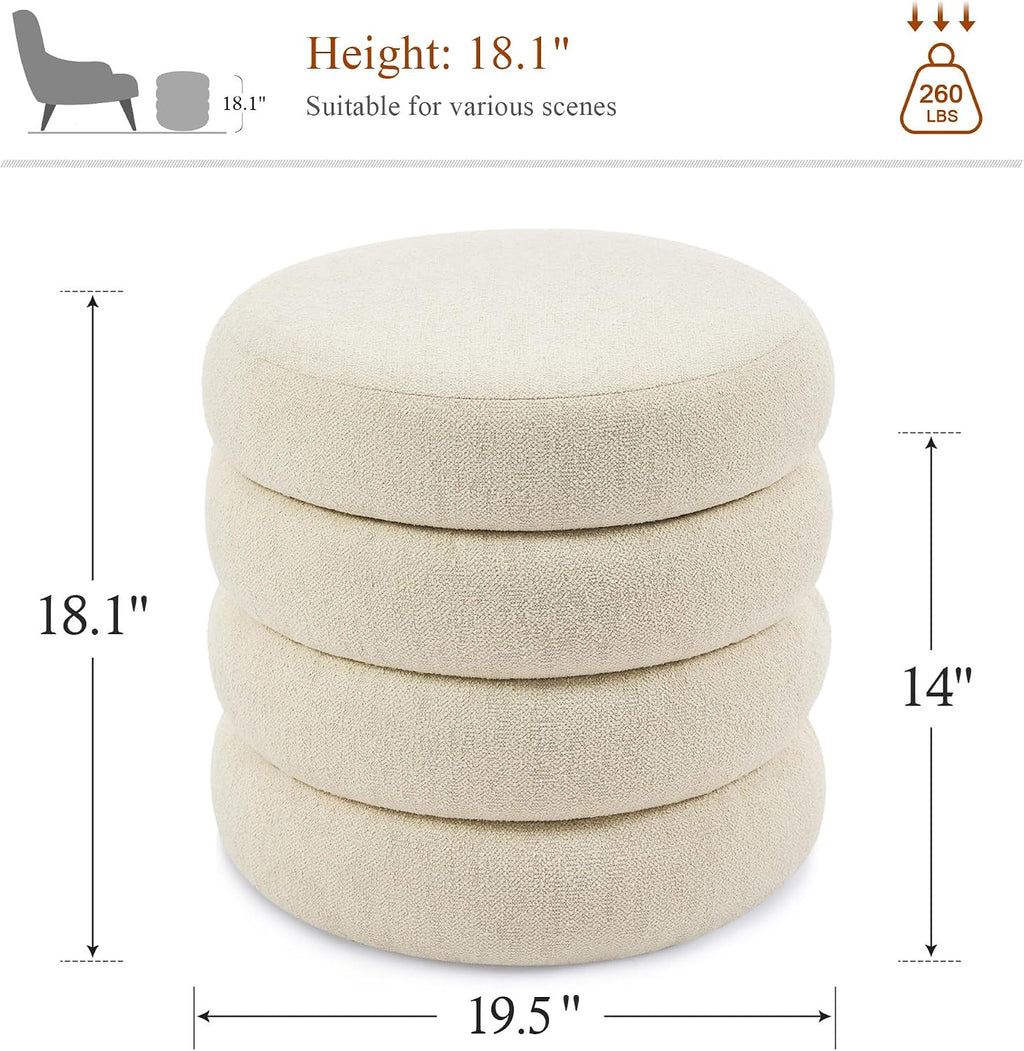 19.5 Inch Round Storage Ottoman, Modern Linen Ottoman Coffee Table with Removable Top, Beige Vanity Stool with Storage for Bedroom, Living Room, Dorm, Set of 1