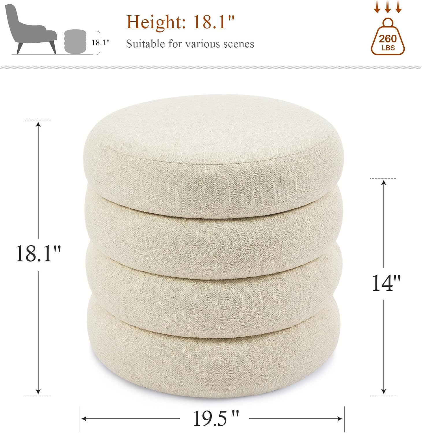 19.5 Inch Round Storage Ottoman, Modern Linen Ottoman Coffee Table with Removable Top, Beige Vanity Stool with Storage for Bedroom, Living Room, Dorm, Set of 1