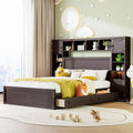Merax Queen Size Wooden Bed with All-in-One Cabinet, Espresso Platform Bed Frame with 4 Drawers, Shelf and Sockets
