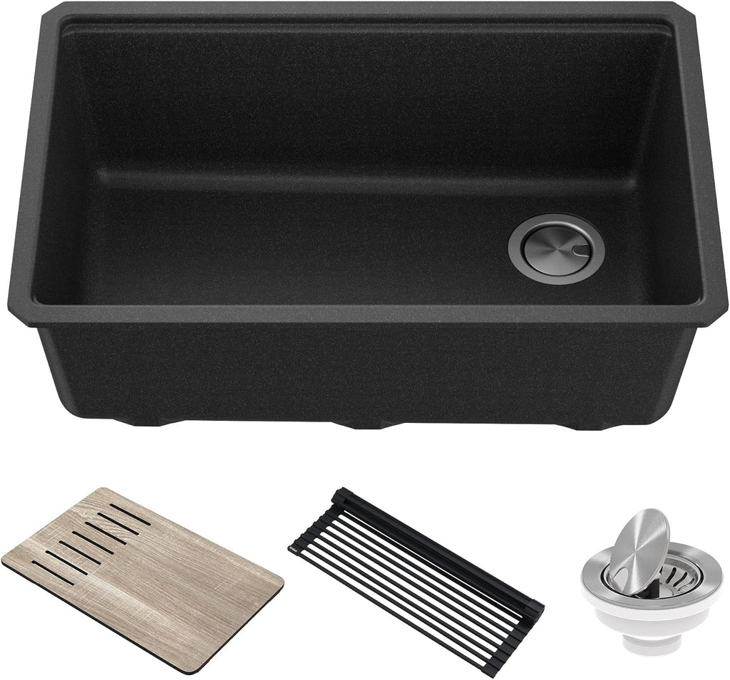 KRAUS Bellucci 30' in. Undermount Workstation Granite Kitchen Sink in Metallic Black with Accessories, KGUW2-30MBL