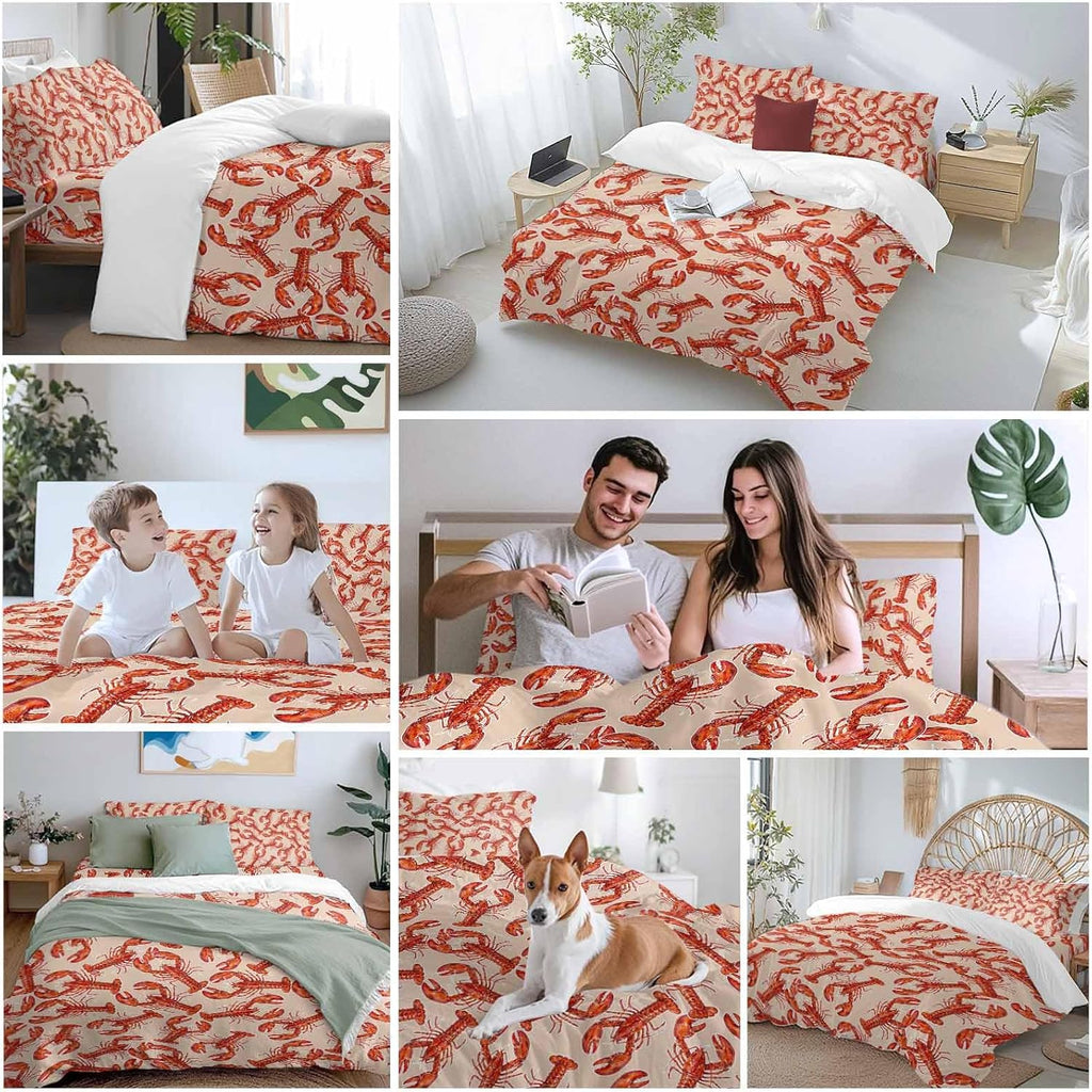 Red Lobster Duvet Cover Set Queen Size 4 Pieces Summer Crawfish Ocean Animal Minimalist Art Retro Bedding Set with Zipper Closure, 1 Comforter Cover 92x106 Inches 1 Flat Sheet & 2 Pillow Cases