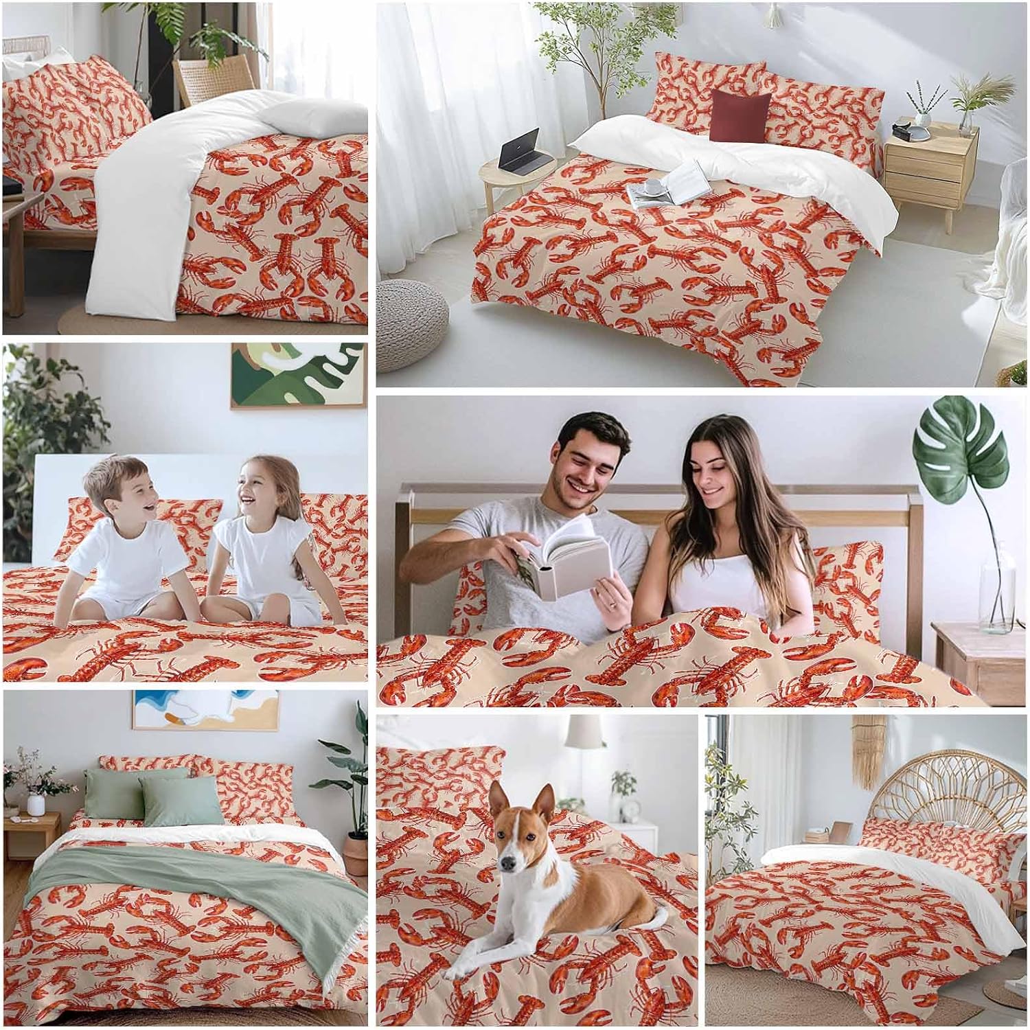 Red Lobster Duvet Cover Set Queen Size 4 Pieces Summer Crawfish Ocean Animal Minimalist Art Retro Bedding Set with Zipper Closure, 1 Comforter Cover 92x106 Inches 1 Flat Sheet & 2 Pillow Cases