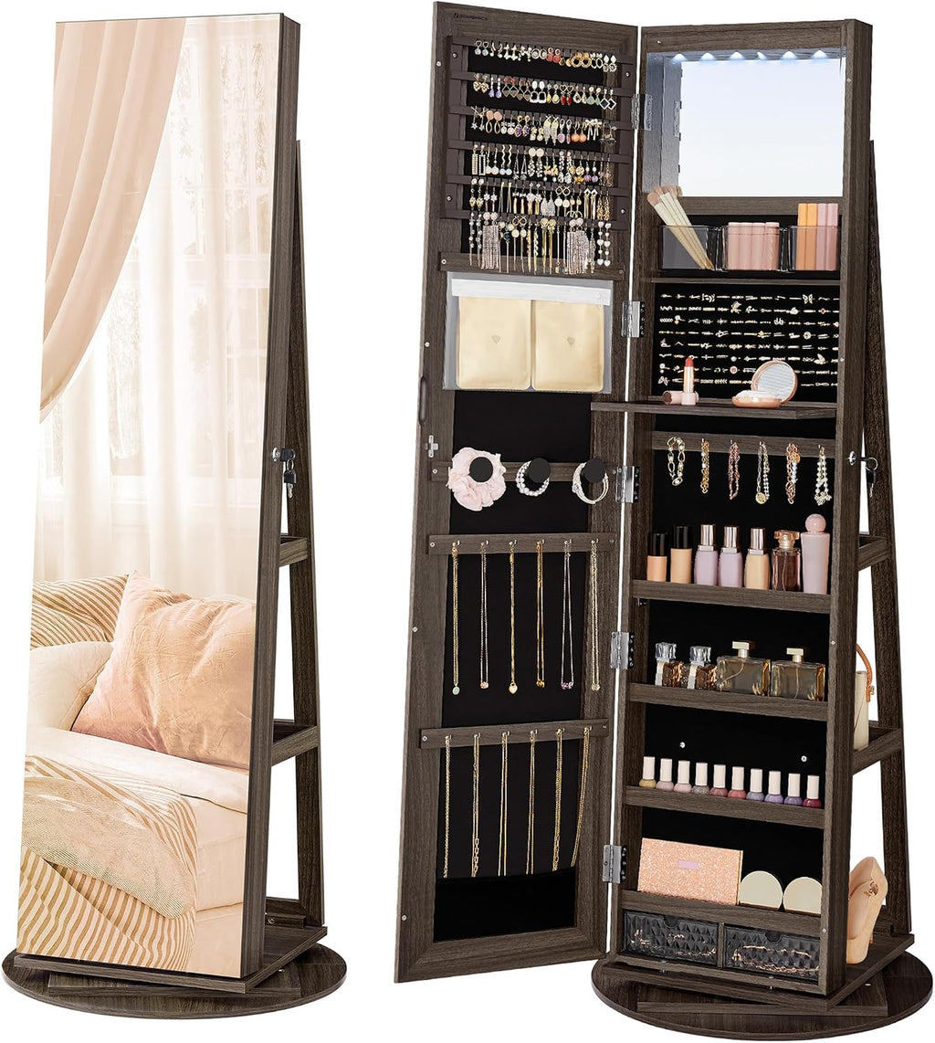 SONGMICS 6 LEDs Lockable Mirror Jewelry Cabinet, 360° Swivel Jewelry Organizer Armoire Standing, Frameless Full-Length Mirror, 3 Storage Shelves, Ash Brown Surface, Black Lining UJJC007K02