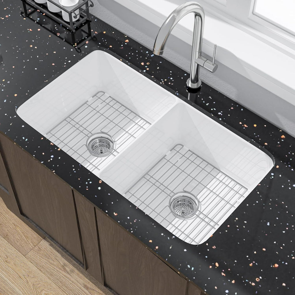Miuara White Undermount Kitchen Sink 32 Inch Double Bowl 50/50 - Topmount Fireclay Drop In Sink 32'x19'x10', Dual Mount, Heavy Duty Dual Basin, with 4 Custom Accessories, Glossy White, for Kitchen