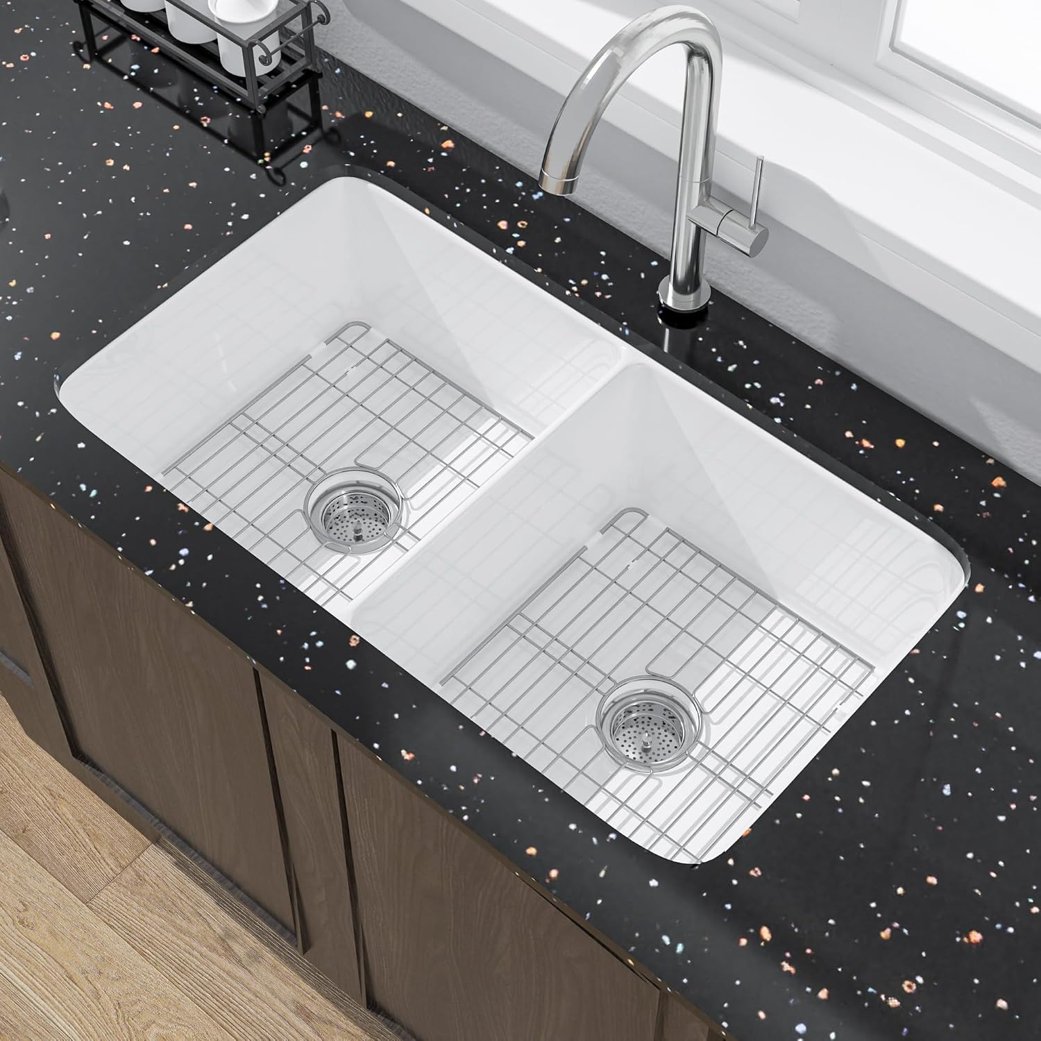 Miuara White Undermount Kitchen Sink 32 Inch Double Bowl 50/50 - Topmount Fireclay Drop In Sink 32'x19'x10', Dual Mount, Heavy Duty Dual Basin, with 4 Custom Accessories, Glossy White, for Kitchen