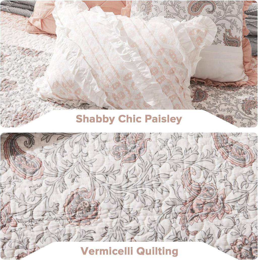 Madison Park 100% Cotton Quilt Set Floral Print, Double Sided Stitching, All Season, Lightweight Coverlet Shabby Chic Bedding Layer, Matching Shams, King/Cal King, Blush 6 Piece