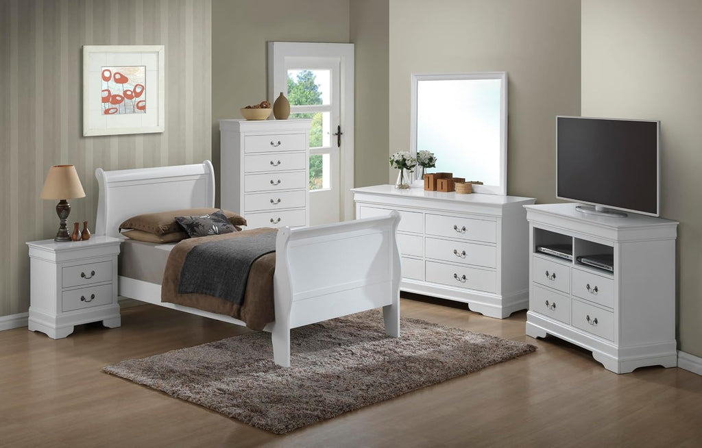 GDFStudio Twin Size Wood Platform Bed Frame, Classic Sleigh Design with Curved Trim & Wood Posts,Easy Assembly, Box Spring Required,Timeless Elegant Bedroom Furniture,White