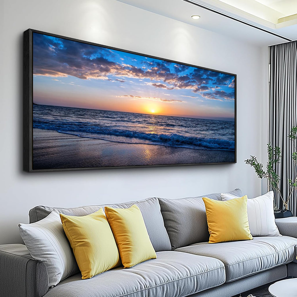hyidecorart Blue Ocean Wall Art Large Paintings For Living Room Wall Decor For Bedroom Landscape Nature Artwork For Walls Canvas Prints Calm Waves Beach Pictures For The Office Black Framed 72x32
