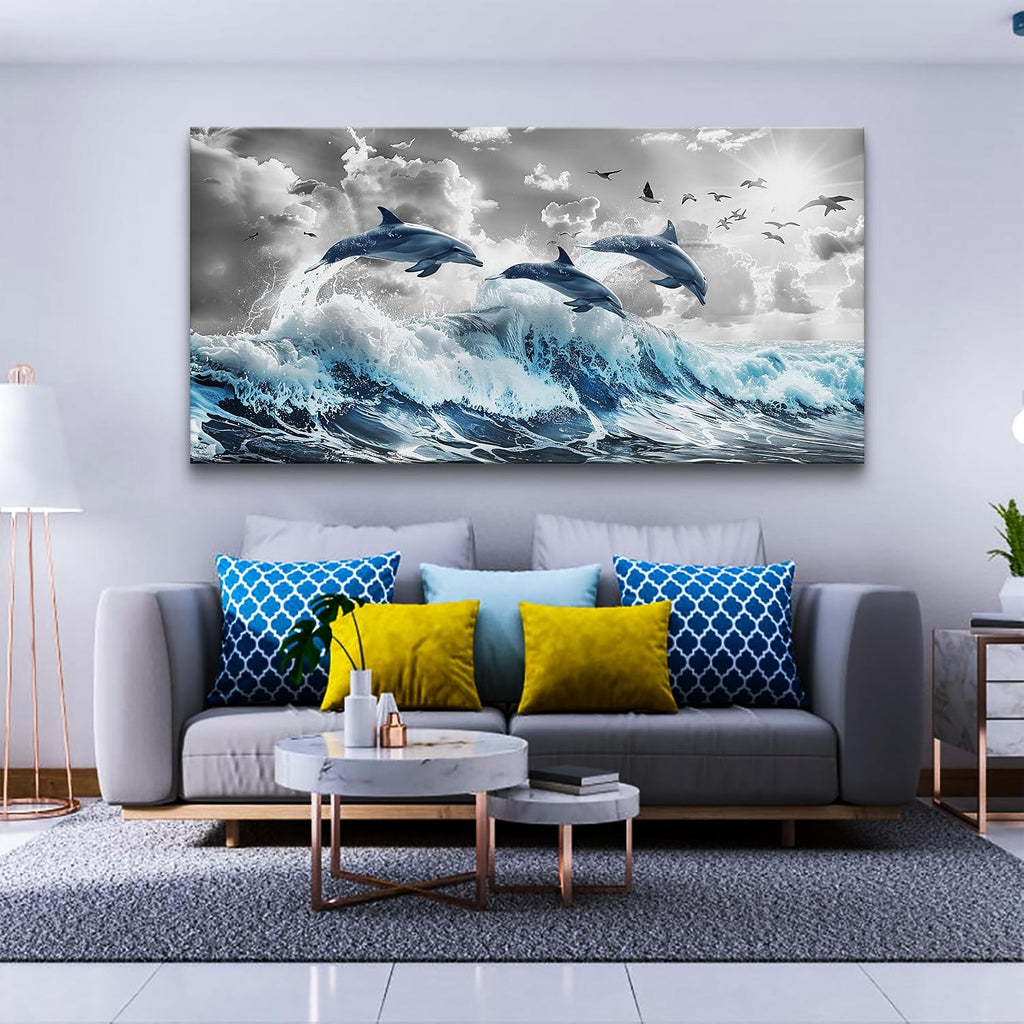 Wapluam Large Wall Art For Bedroom Blue Waves Of The Sea Wall Pictures Artwork Framed Canvas Wall Decoration For Living Room Fashion Office Canvas Art Prints Dolphins Seascape Paintings Home Decor
