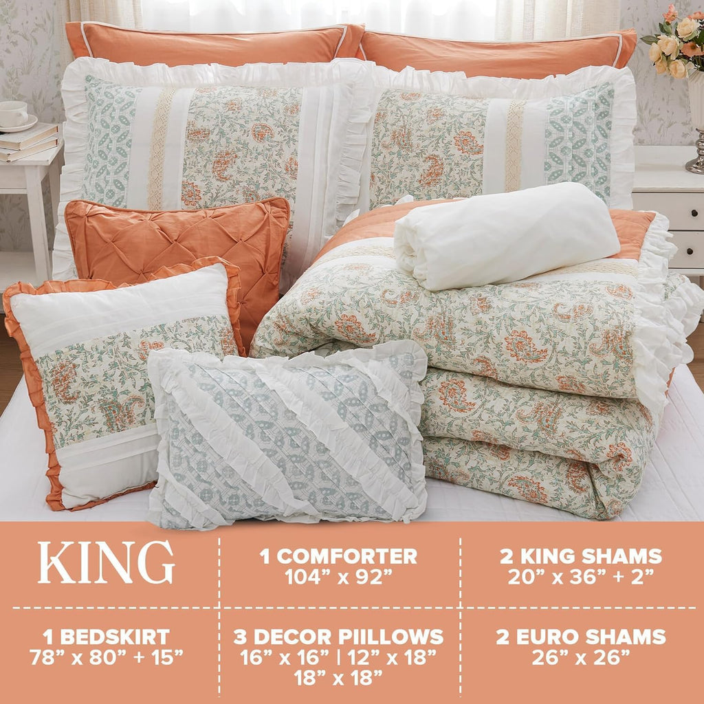 Madison Park Dawn 100% Cotton Shabby Chic Comforter Set-Modern Cottage Design All Season Down Alternative Bedding, Matching Shams, Bedskirt, Decorative Pillows, King(104'x92'), Coral 9 Piece
