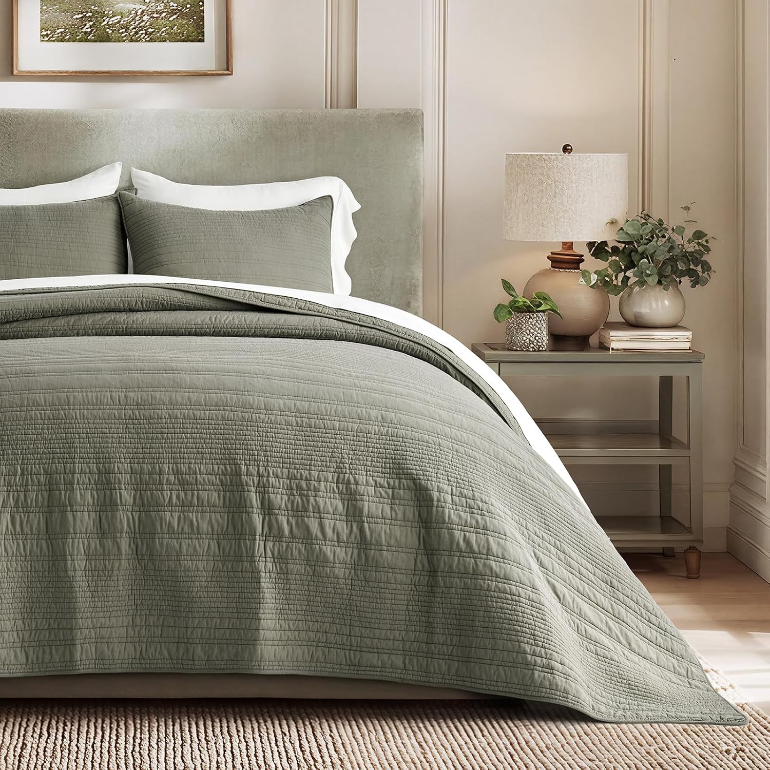 EVERGRACEHOME 100% Cotton Modern Lines Quilt Set Oversized King, Pre-Washed Soft Striped Coverlet Bedspread, 3 Piece Lightweight Bedding Set for All Season, with 2 Pillow Shams, Olive Green