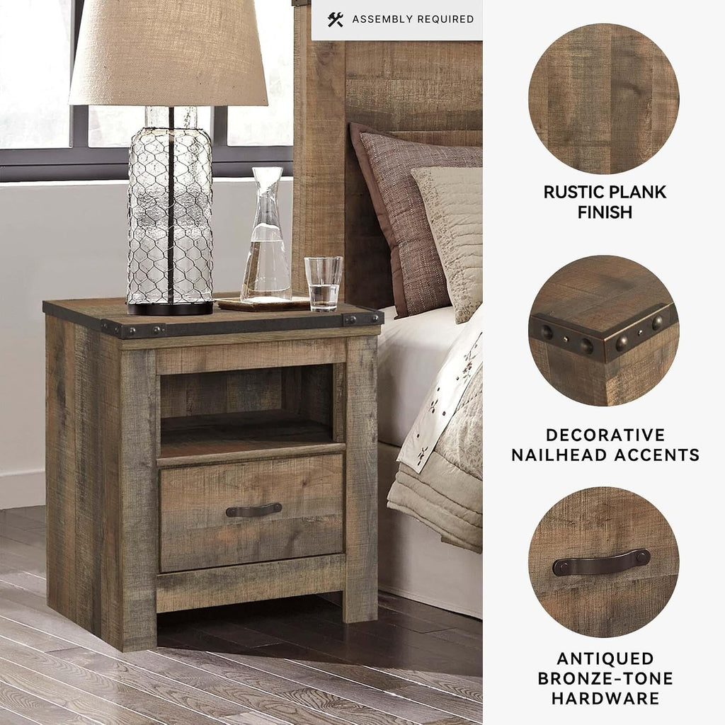 Signature Design by Ashley Trinell Rustic 1 Drawer Nightstand, USB Charing, Storage Cubby, Nailhead Accents, Wood, 24.72' W x 16.18' D x 26.22' H, Warm Brown