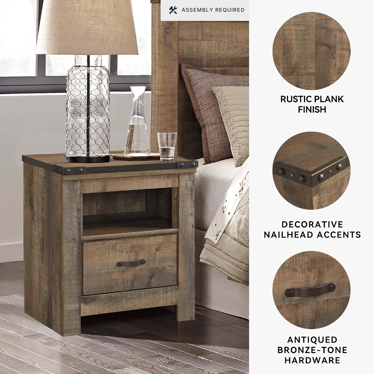 Signature Design by Ashley Trinell Rustic 1 Drawer Nightstand, USB Charing, Storage Cubby, Nailhead Accents, Wood, 24.72' W x 16.18' D x 26.22' H, Warm Brown