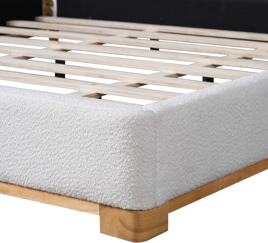 Christopher Knight Home Robey California King Size Bed Frame with Headboard, Boucle California King Bed Frame and Headboard, Wooden Slat Support, No Box Spring Needed, Easy Assembly, White