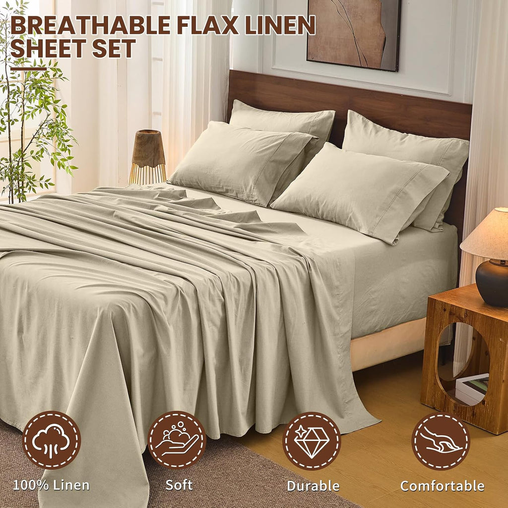 Bedlifes 100% French Flax Linen Sheets Set King Size - 6 Piece Extra Deep Pocket 18-24',Soft Breathable King Bed Sheets with Temperature Regulating & Moisture-Wicking(Taupe