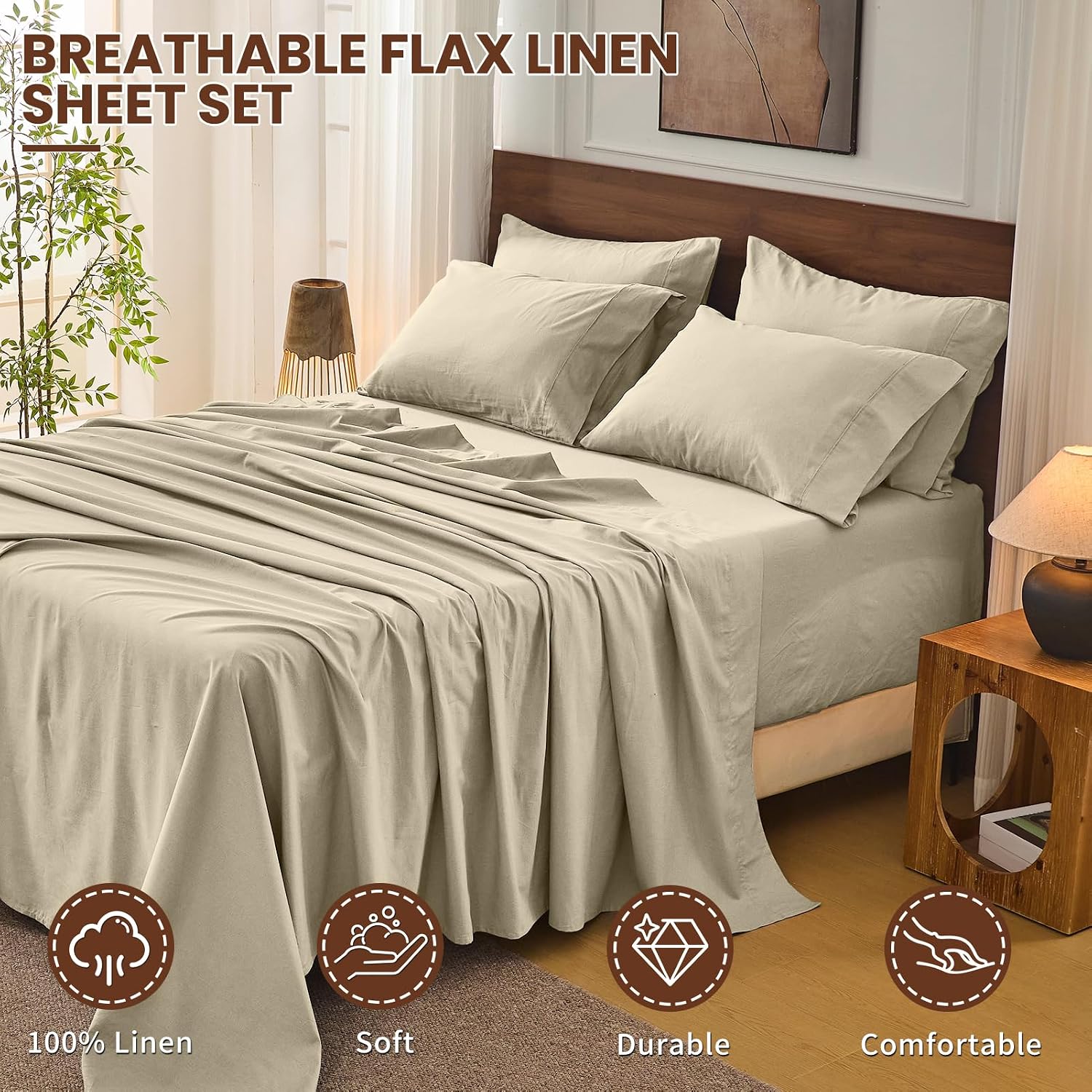 Bedlifes 100% French Flax Linen Sheets Set King Size - 6 Piece Extra Deep Pocket 18-24',Soft Breathable King Bed Sheets with Temperature Regulating & Moisture-Wicking(Taupe