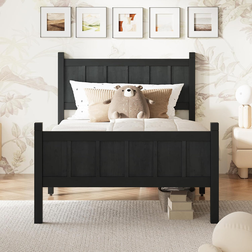 Twin Size Flat Panel Bed with Headboard & Footboard – Minimalist Modern Platform Bed with Wood Grain Finish, Shaker & Farmhouse, 11.5' Under-Bed Storage, Sleek & Functional (Black3, Twin)