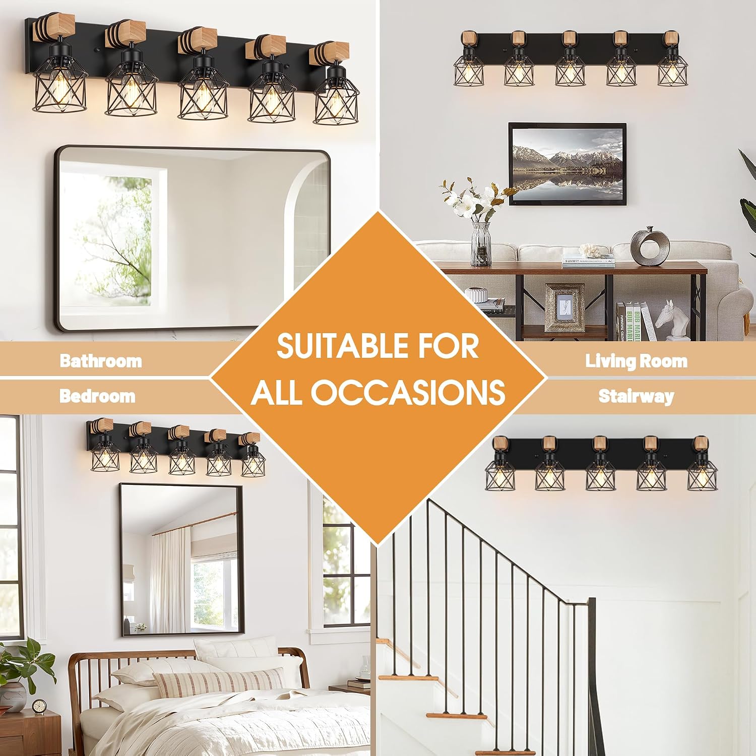 FadimiKoo 5-Light Wooden Black Bathroom Light Fixtures, Rustic Style Vanity Wall Sconces Lighting with Metal Cage, Farmhouse Bathroom Lights Wall Mount for Bedroom, Living Room, Entrance