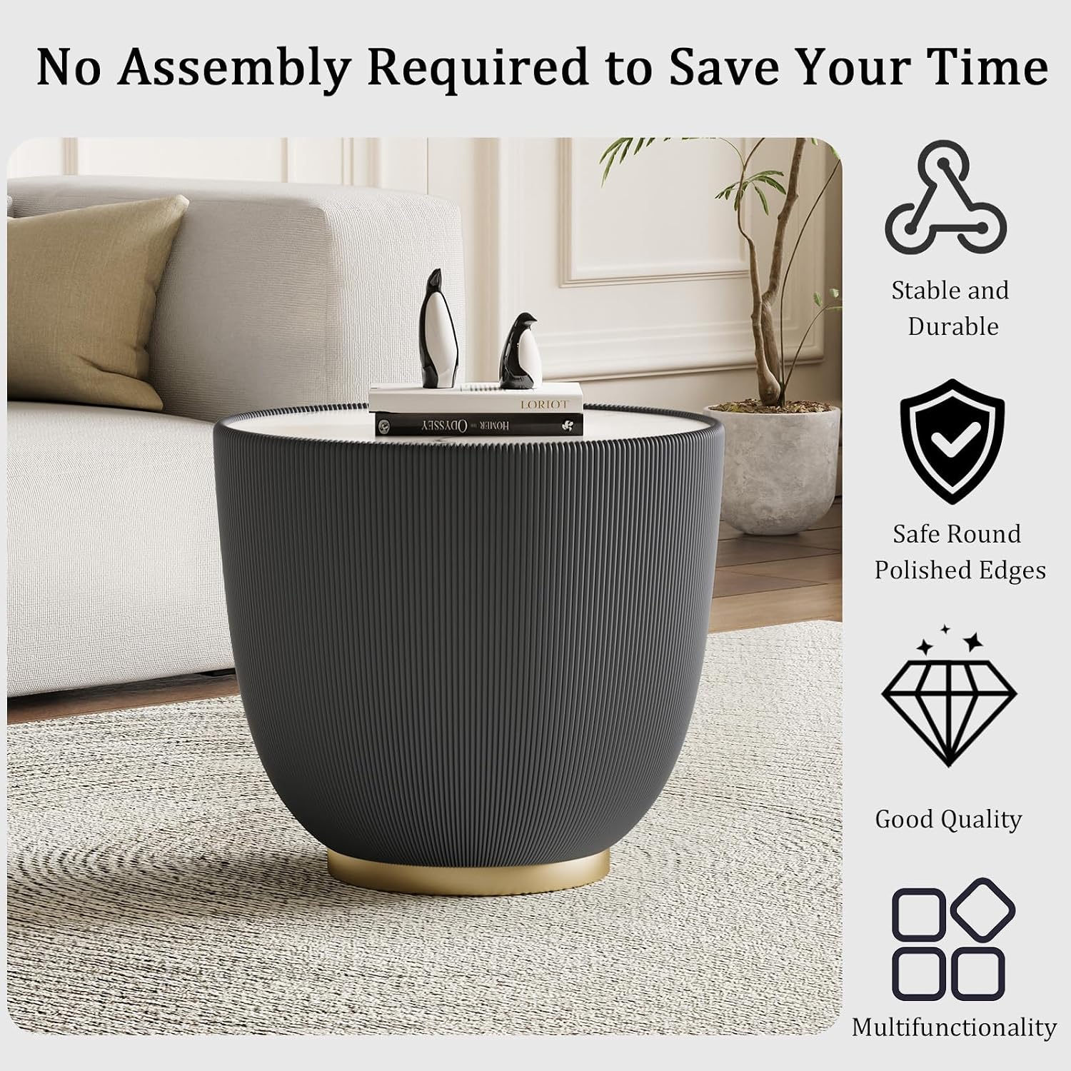 Round Coffee Table Set, 27.56' Black Drum Center Table and 19.69' Grey Coffee Table Set, 2 Pieces Living Room Table Set with Sintered Stone Tabletop, Fluted PU Leather Covered and Metal Base
