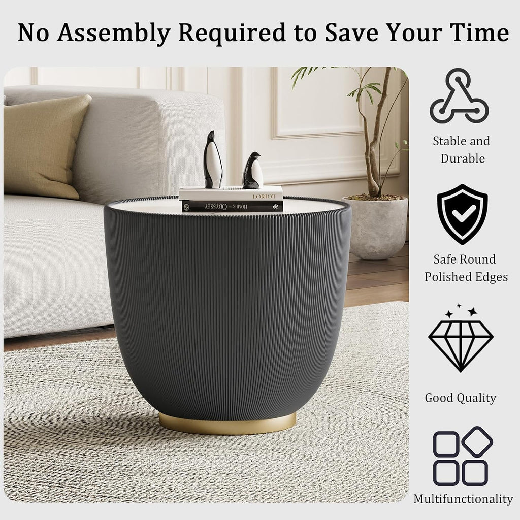 Round Living Room Table Set, 27.56' Grey Drum Center Table and 19.69' Grey Coffee Table Set, 2 Pieces Coffee Table Set with Sintered Stone Tabletop, Fluted PU Leather Covered and Metal Base