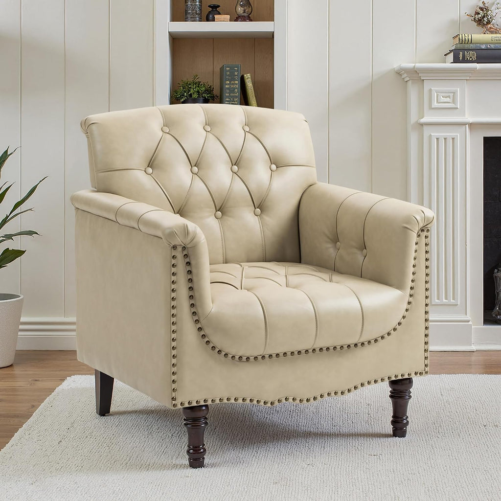 Faux Leather Accent Chair, PU Leather Modern Comfy Upholstered Armchair with Wood Legs & Nailhead Trim for Living Room, Bedroom (Beige,Set of 1)