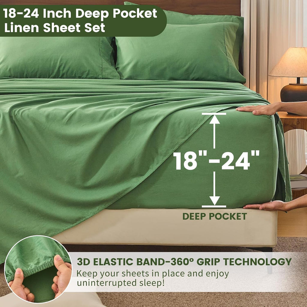 Bedlifes 100% French Flax Linen Sheets Set King Size - 6 Piece Extra Deep Pocket 18-24',Soft Breathable King Bed Sheets with Temperature Regulating & Moisture-Wicking(Sage Green