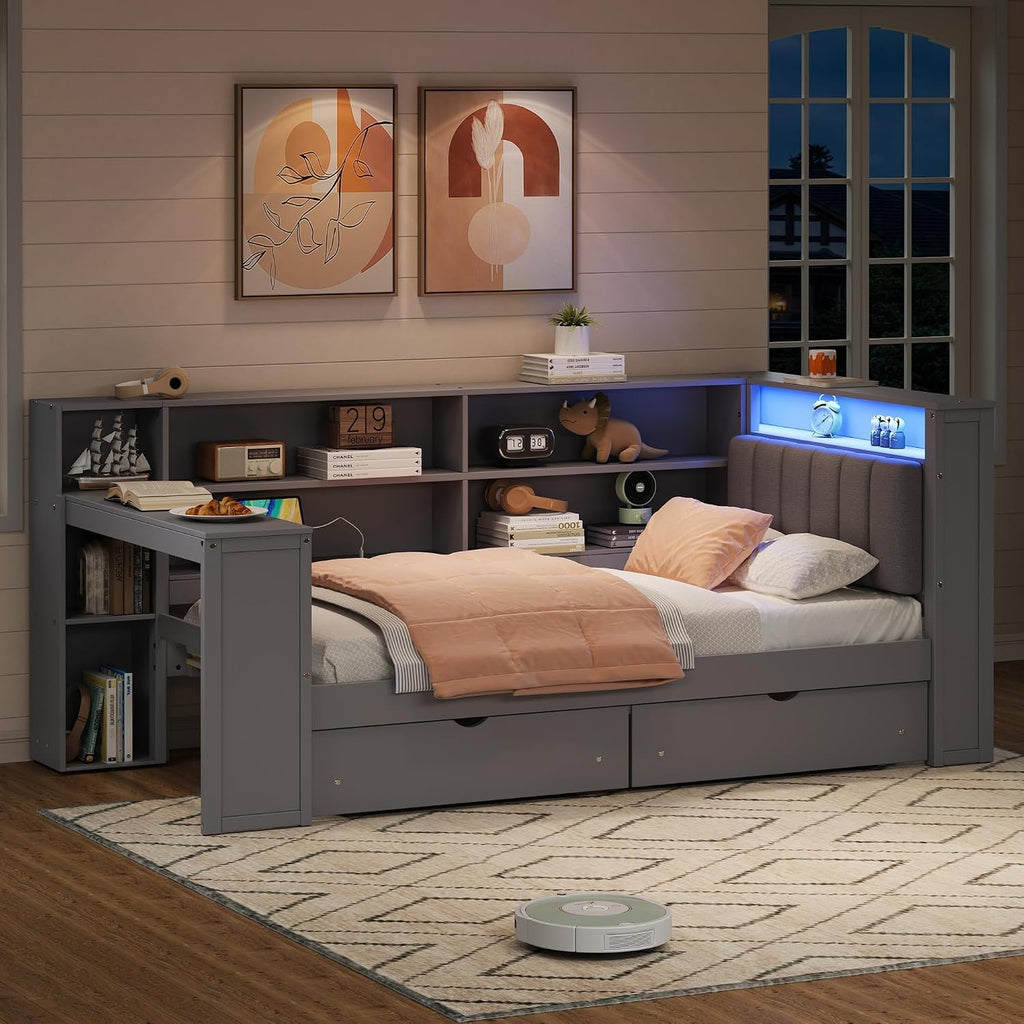 Ball & Cast Wood Twin Size Platform Bed with Storage Shelves and Drawers,Cabinet Bed Frame w/Charging Station & Built-in Desk,Upholstered Headboard,Space-Saving,Furniture for Apartment,Grey+Grey