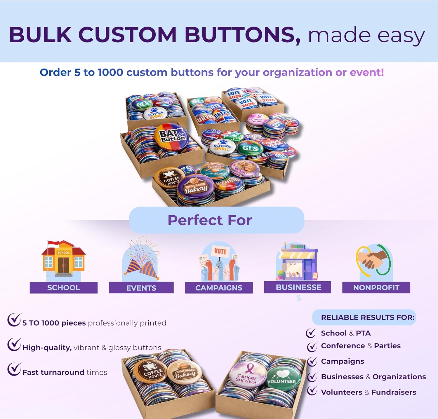Custom Button Pins - Personalized Photo, Logo & Text Button Pins, Sizes 1, 1.5, 2.25, 3 & 3.5 Inch, Bulk 5-1000 Pcs, Pinback Buttons for Graduation, Campaigns & Events
