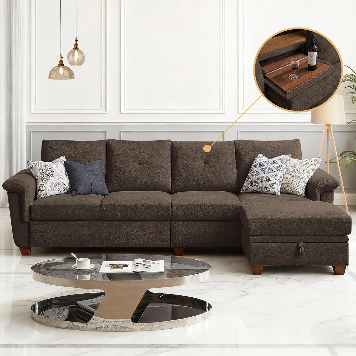 108' Sectional Sofa, Convertible L Shaped Sofa with Ottoman and Large Storage, 4 Seat Sectional Couch with Cup Holder, Couches for Living Room, Apartment, Office (Brown)