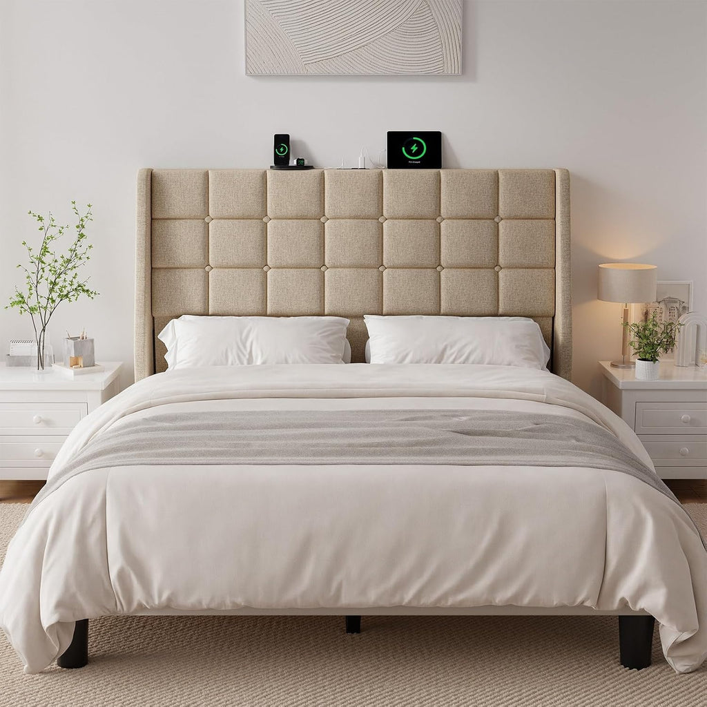 Ergonomic Upholstered Headboard Queen Size w/Charging Station, Linen Wingback Headboards w/Storage Pocket, Queen Headboard Only, Bed Frame Adapters, Sturdy Stable Solid Wood Bed Head Board, Beige