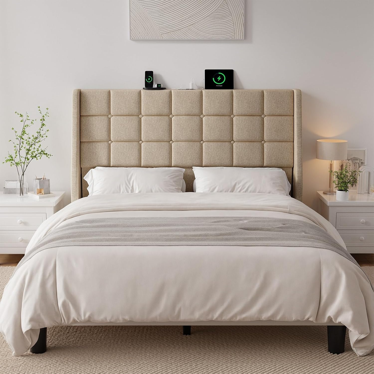 Ergonomic Upholstered Headboard Queen Size w/Charging Station, Linen Wingback Headboards w/Storage Pocket, Queen Headboard Only, Bed Frame Adapters, Sturdy Stable Solid Wood Bed Head Board, Beige