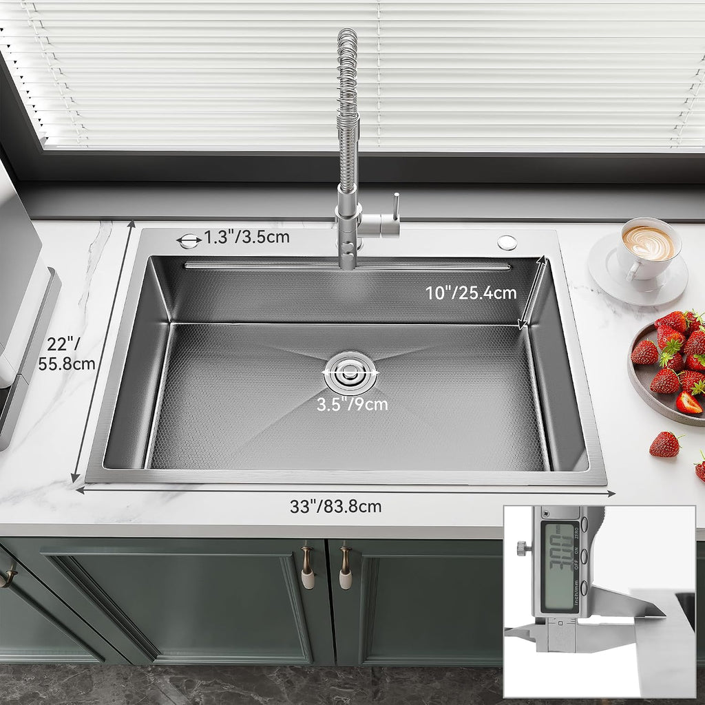 YITAHOME Drop In Kitchen Sink Workstation 33in, 304 Stainless Steel Single Bowl Top Mount Sink w/Ledge & Accessories, Honeycomb Surface Design, 33 x 22 x 10 in, Silver