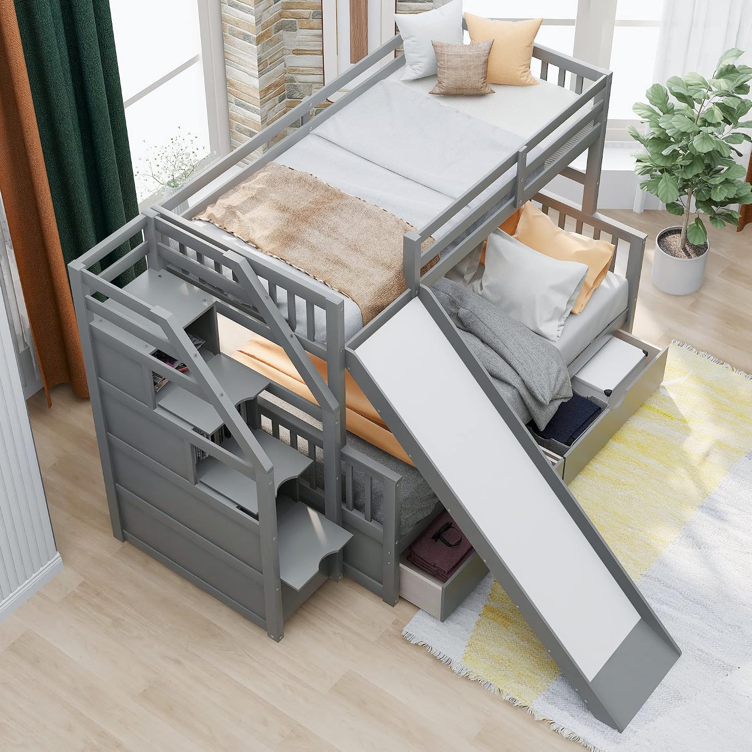 Twin Over Full Size Bunk Bed with Drawers and Slide, Bed Room Solid Wood Storage Bed Frame W/Ladder can be Interchanged Left and Right,for Kids Teens Boys Girls,Gray