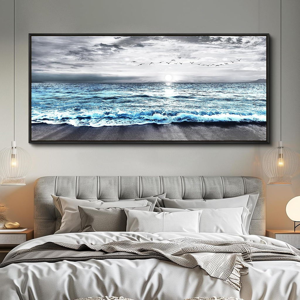 Wapluam Framed Wall Art for Bedroom Decor, Beach Canvas Wall Art Large Ocean Sunset Seascape Print, Modern Coastal Landscape Artwork for Living Room Bathroom Home Decor Ready to Hang 32x72 In