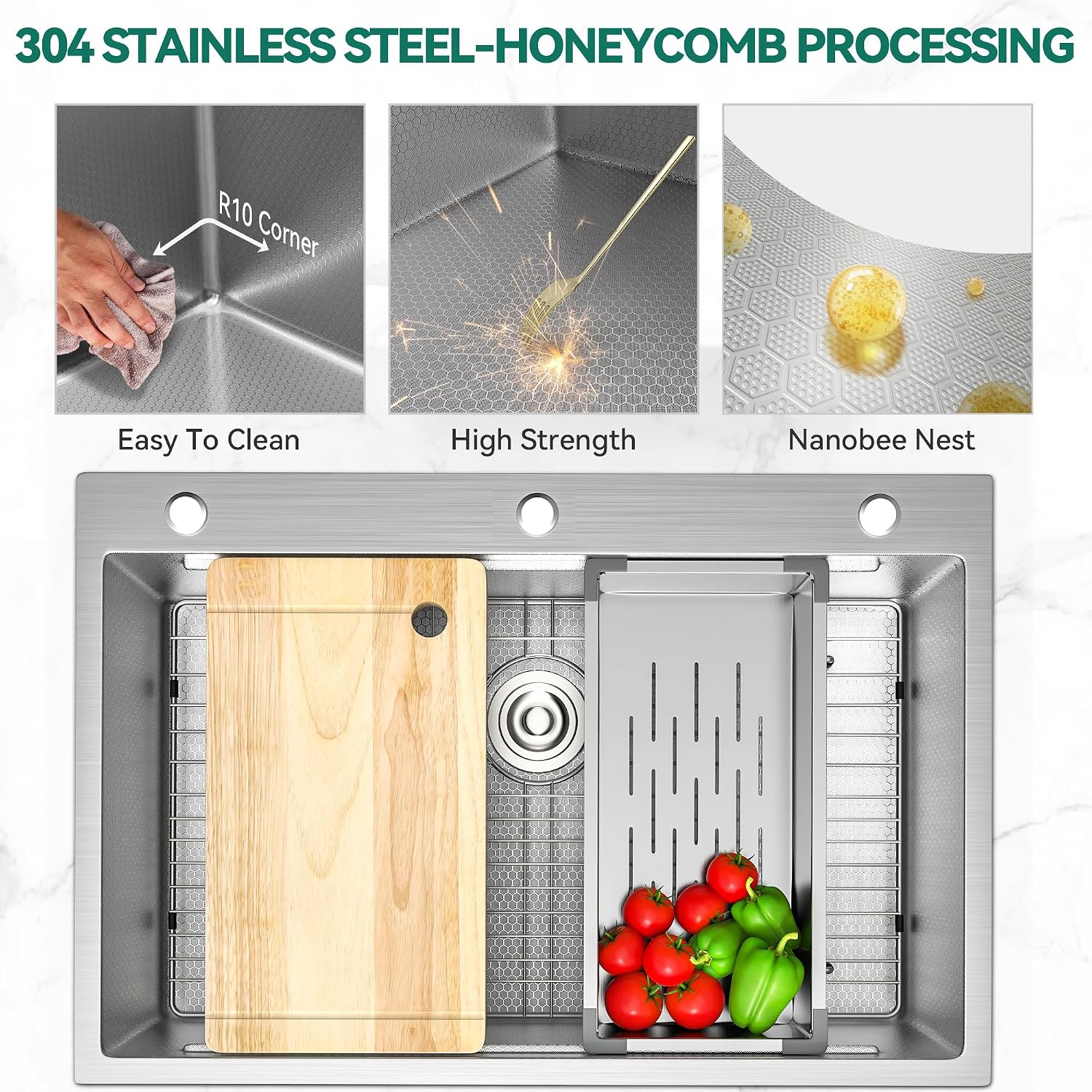 YITAHOME Drop In Kitchen Sink Workstation 33in, 304 Stainless Steel Single Bowl Top Mount Sink w/Ledge & Accessories, Honeycomb Surface Design, 33 x 22 x 10 in, Silver