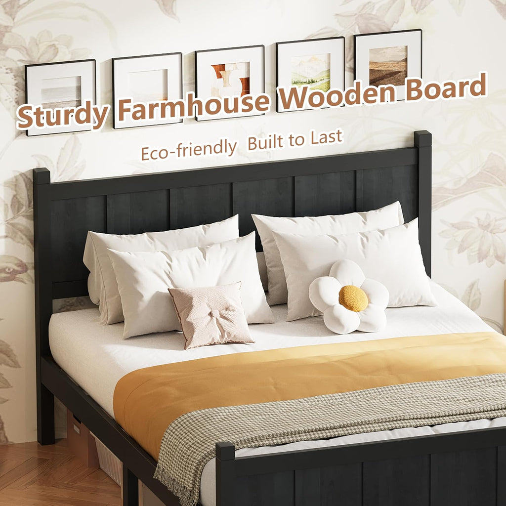 Full Size Flat Panel Bed with Headboard & Footboard, Minimalist Modern Platform Bed with Wood Grain Finish, Shaker & Farmhouse, 11.5' Under-Bed Storage, Sleek & Functional (Black3, Full)