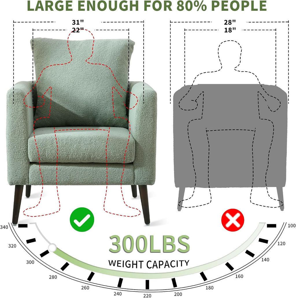 Barrel Accent Chair with Back Pillow, Large Teddy Upholstered Armchair with Solid Wood Legs Modern Reading Chairs for Living Room Bedroom