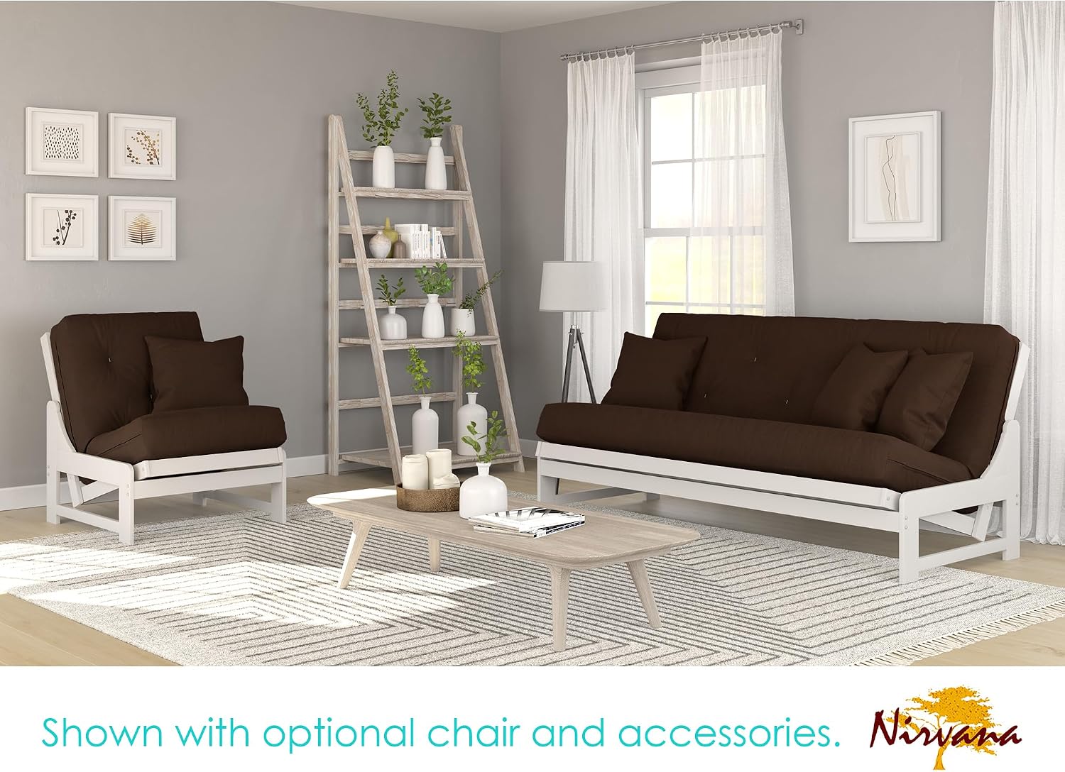 Nirvana Futons Arden Armless Futon Set with Storage Drawers - Includes White Full Size Frame and Microfiber Fudge Mattress