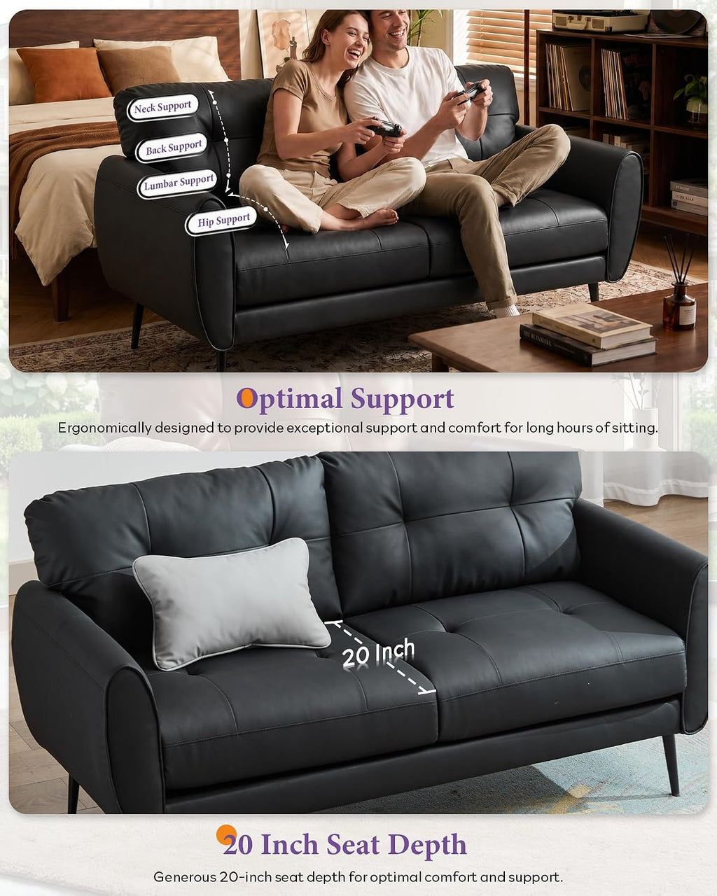 TYBOATLE Sofa Couch 61' Small Loveseat Couches for Living Room Leather Couch Mid Century Modern Tufted Mini Sofa Comfy Office 2 Seat Settee Love Seat for Small Spaces Bedroom (3, Black)