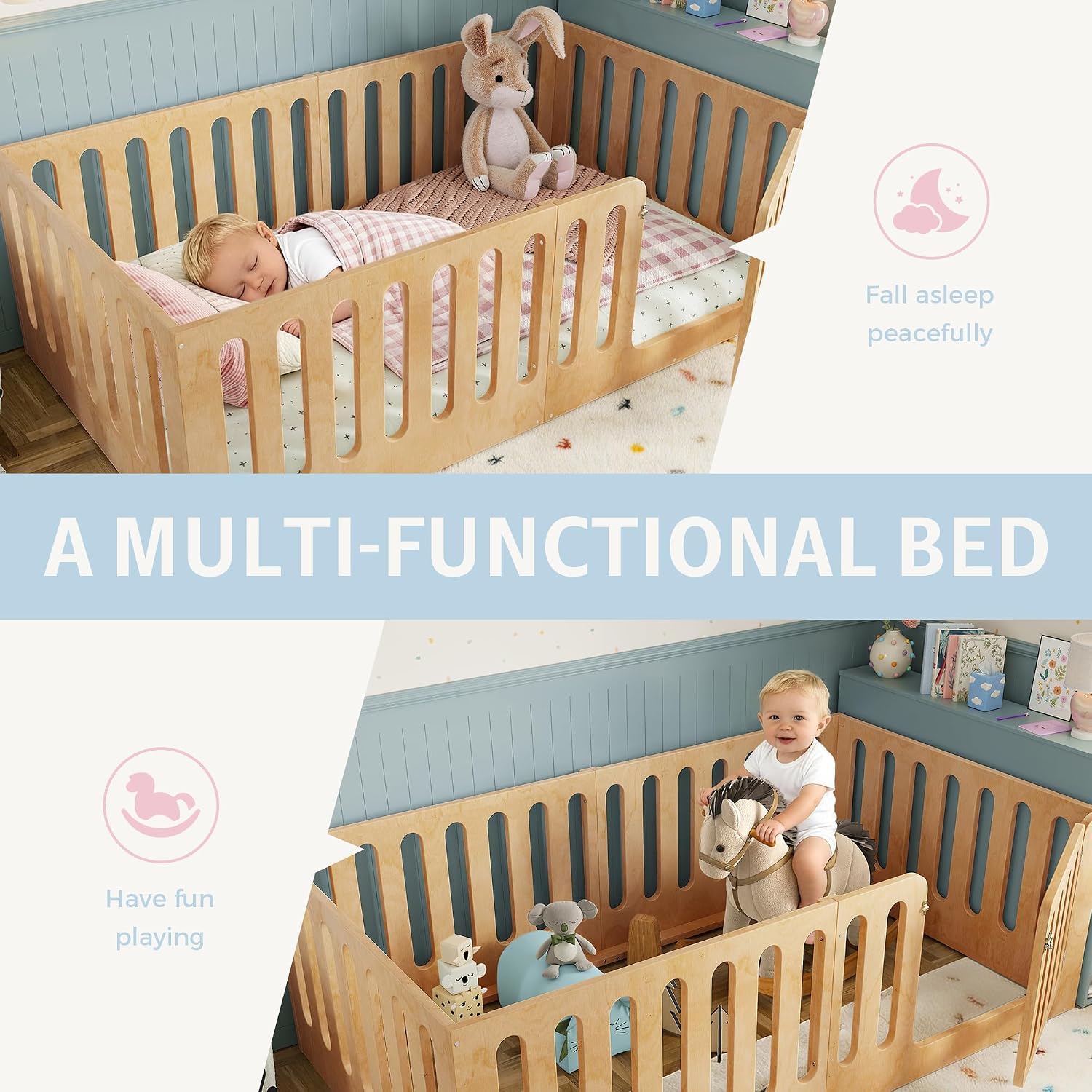 Bellemave Queen Size Kids Montessori Floor Bed,Queen Size Floor Bed Frame with High Fence and Door,Solid Wood Montessori Bed for Girls Boys,Natural