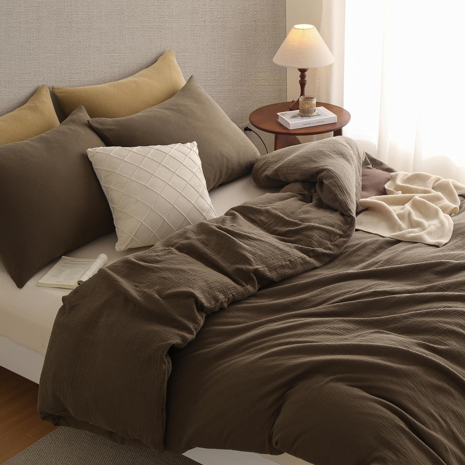 Muslin Duvet Cover 100% Washed Cotton, Oversized King Size Duvet Cover Set Linen Like, Minimalist Soft Comforter Cover, Lightweight Gauze Duvet Cover with 2 Pillowcases, 98'x120', Dark Brown