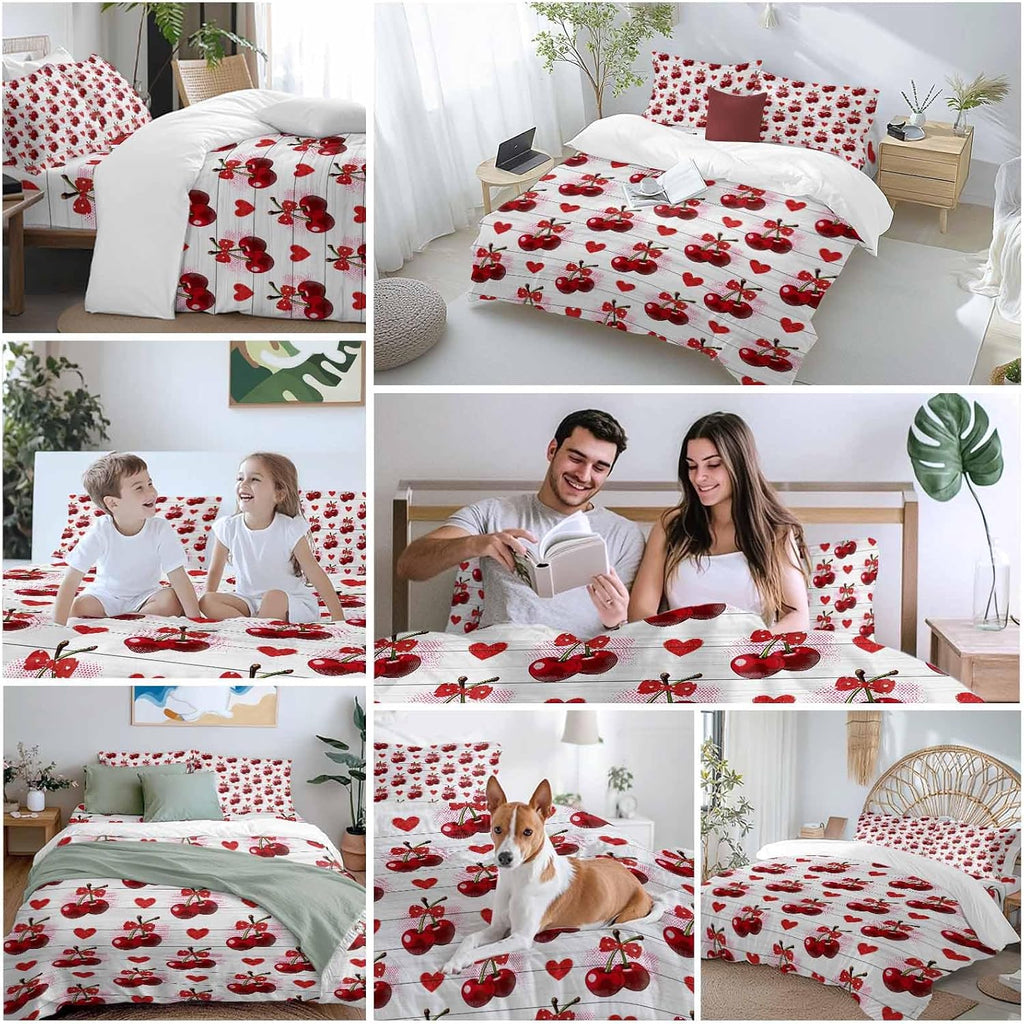 Prime Leader Cherry Duvet Cover Set Queen Size 4 Pieces Watercolor Red Fruit Love Wave Point Wood Grain Bedding Set with Zipper Closure, 1 Comforter Cover 92x106 Inches 1 Flat Sheet & 2 Pillow Cases