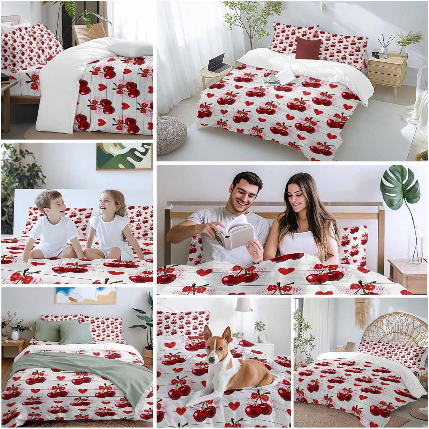 Prime Leader Cherry Duvet Cover Set Queen Size 4 Pieces Watercolor Red Fruit Love Wave Point Wood Grain Bedding Set with Zipper Closure, 1 Comforter Cover 92x106 Inches 1 Flat Sheet & 2 Pillow Cases