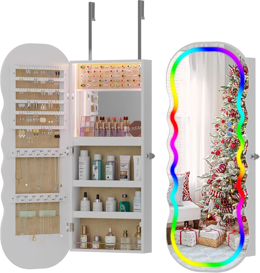 HNEBC LED Mirror Jewelry Cabinet with RGB Lights,42.5' Wall Mounted Jewelry Organizer with Full-Length Mirror,Over The Door Hanging Jewelry Armoire Storage Cabinet,Lockable,Wide Wavy Mirror
