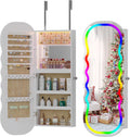 HNEBC LED Mirror Jewelry Cabinet with RGB Lights,42.5' Wall Mounted Jewelry Organizer with Full-Length Mirror,Over The Door Hanging Jewelry Armoire Storage Cabinet,Lockable,Wide Wavy Mirror