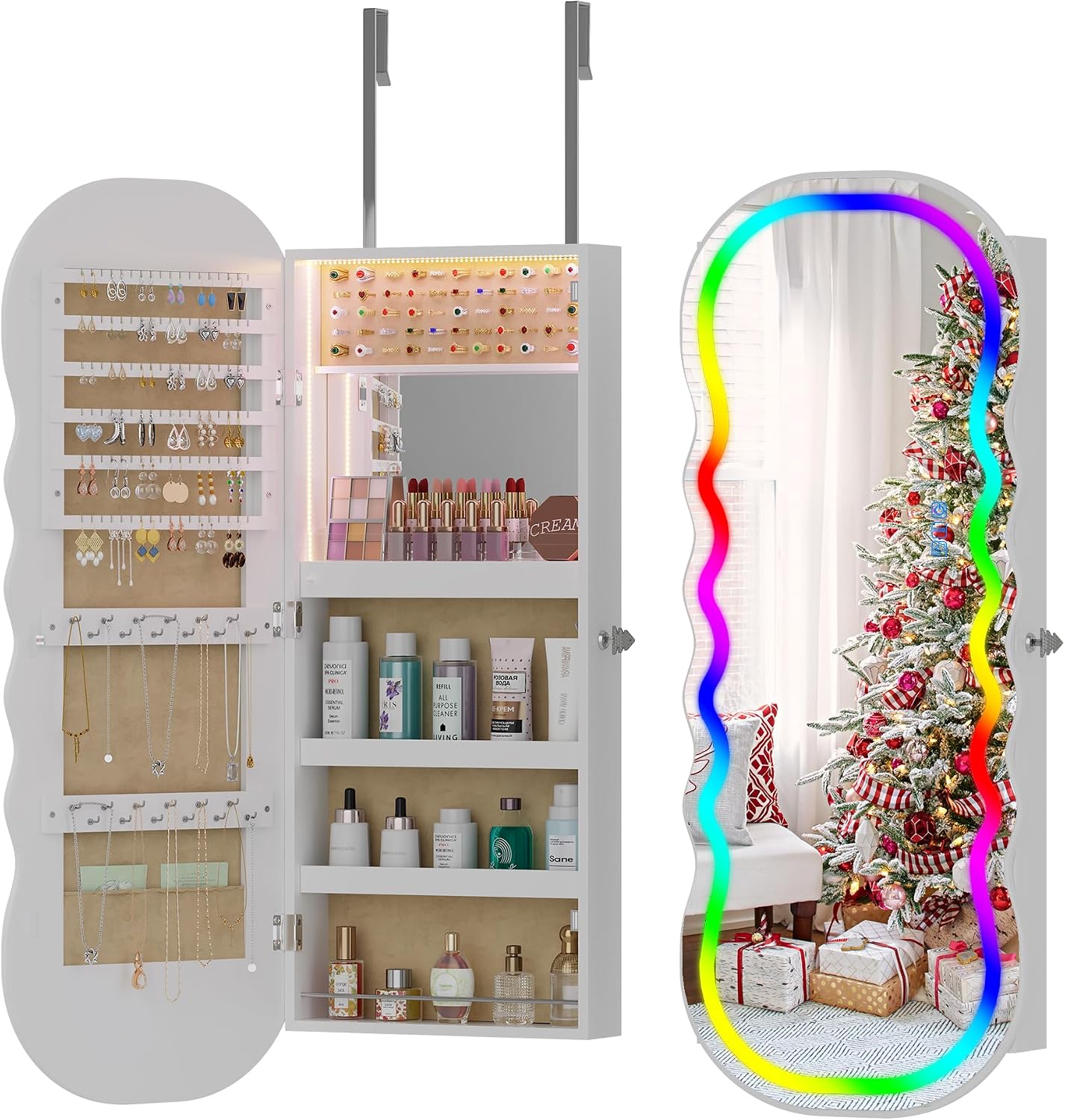 HNEBC LED Mirror Jewelry Cabinet with RGB Lights,42.5' Wall Mounted Jewelry Organizer with Full-Length Mirror,Over The Door Hanging Jewelry Armoire Storage Cabinet,Lockable,Wide Wavy Mirror