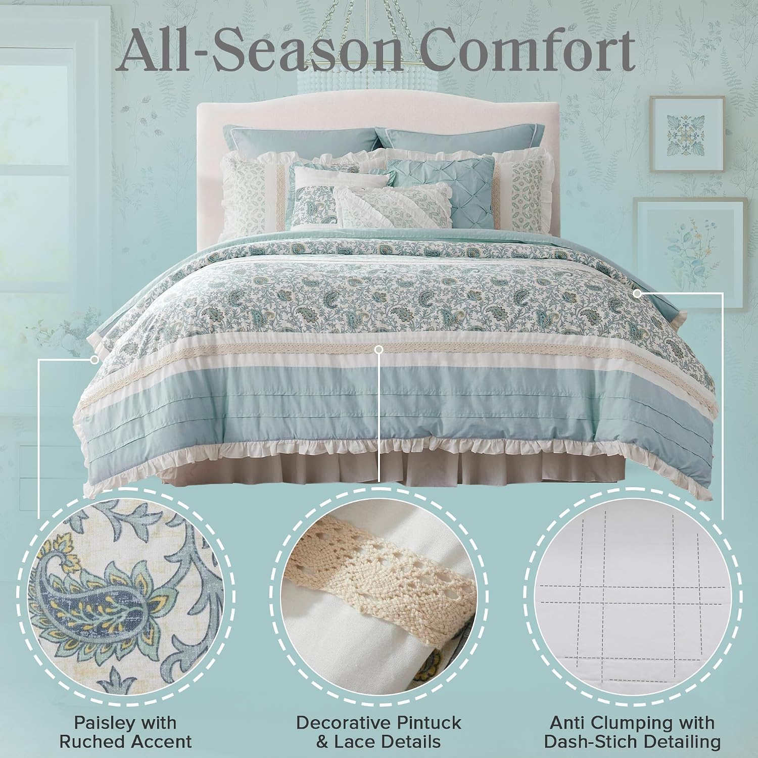 Madison Park Dawn 100% Cotton Shabby Chic Comforter Set-Modern Cottage Design All Season Down Alternative Bedding, Matching Shams, Bedskirt, Decorative Pillows, Cal King(104'x92'), Aqua 9 Piece